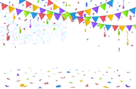Falling confetti with flag garlands, birthday vector background