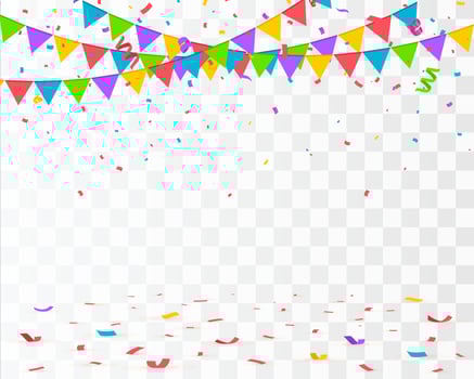 Falling confetti with flag garlands, birthday vector background