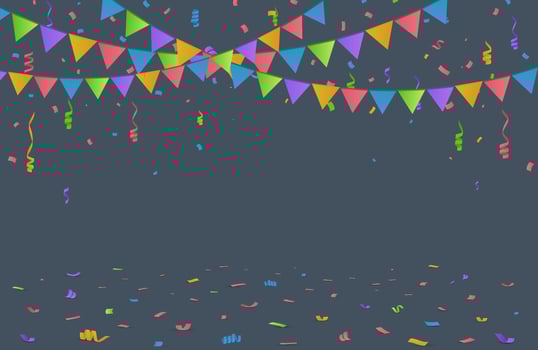 Falling confetti with flag garlands, birthday vector background