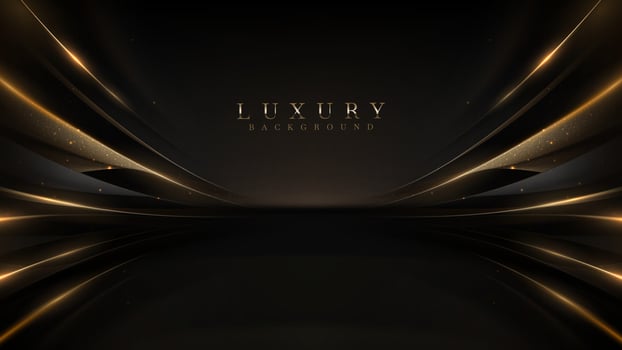 Black luxury background with golden line elements and light ray effect decoration and bokeh. vector