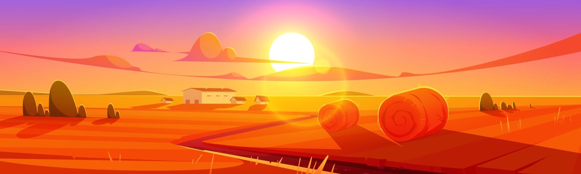 Sunset scenery rural landscape, field with hay vector