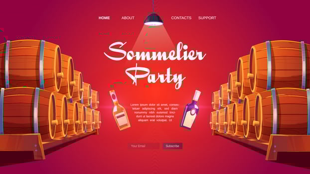 Sommelier party cartoon landing page. Wine shop vector