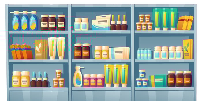 Pharmacy shelf with medicines, drugstore showcase vector