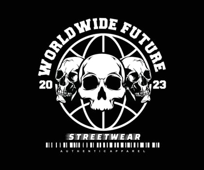 world wide future slogan with skull head vintage graphic design for creative clothing, for streetwear and urban style t-shirts design, hoodies, etc. vector