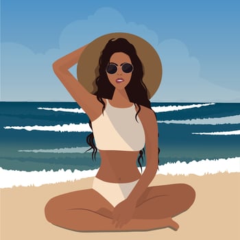 Beautiful girl in a white swimsuit with glasses and a hat sunbathes on the beach vector