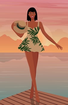 Digital illustration of a beautiful girl model resting on vacation posing against the backdrop of a bright sunset in a beautiful dress and hat vector