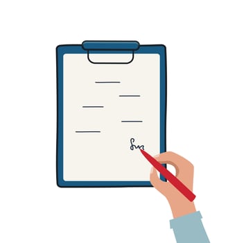 Signing a contract, hand with pen signs a paper document on a tablet. Vector illustration isolated on white.