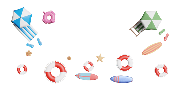 summer travel with beach chair, island, umbrella, Inflatable flamingo, sandals, lifebuoy, surfboard, rubber raft, starfish, top view background. concept 3d illustration or 3d render png
