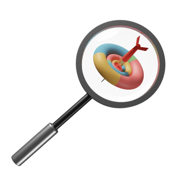 3d magnifying glass with target, red darts or arrow isolated. search target concept, 3d render illustration png