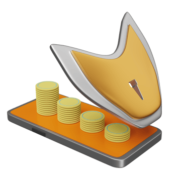 orange mobile phone or smartphone with golden shield, coins isolated. Internet security or privacy protection or ransomware protect concept, 3d illustration or 3d render png