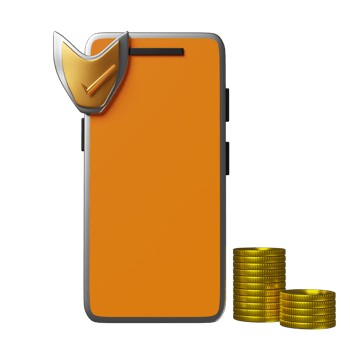 orange mobile phone or smartphone with golden shield check, coins isolated. Internet security or privacy protection or ransomware protect concept, 3d illustration or 3d render png