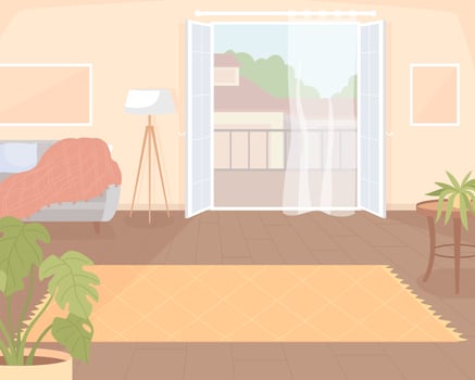 Elegant living room flat color vector illustration. Stylish carpet near balcony. Furnished apartment for rent. Fully editable 2D simple cartoon interior with city street on background