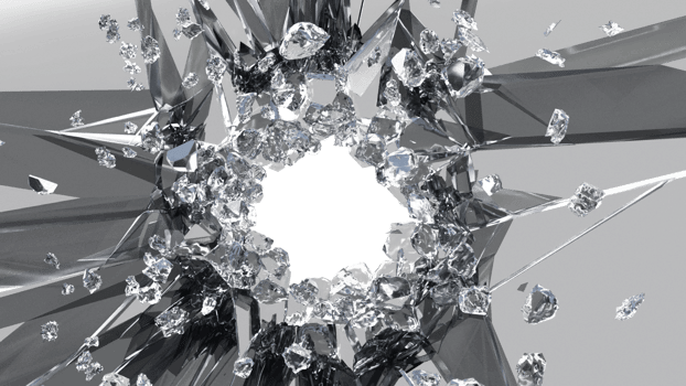 Glass mirror breaked shatter with debris super slow motion. Macro camera 3d illustration. png