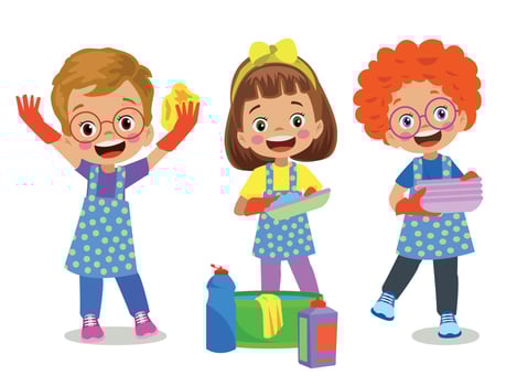 cute boy and girl washing the accumulated dishes vector