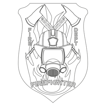 Firefighter insignia coloring page. Firefighter mask, helmet and axes behind on shield badge. Colorful PNG illustration.