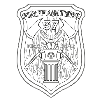 Firefighter Badge coloring page. Firefighter axes and hydrant on shield insignia. Colorful PNG illustration.