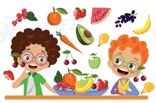 cute kids eating assorted fruits vector