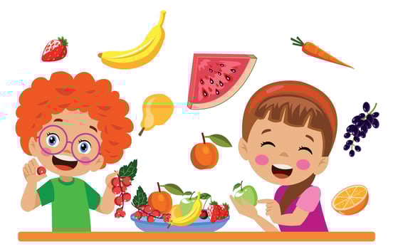 cute kids eating assorted fruits vector