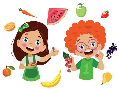 cute kids eating assorted fruits vector