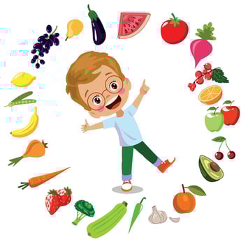 cute kids eating assorted fruits vector