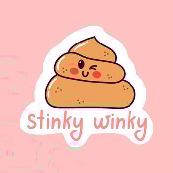 Cute funny poop sticker. Kawaii winky character. Doodle with text. Sticker with white contour for planner, scrapbooking. Hand drawn colorful vector illustration.
