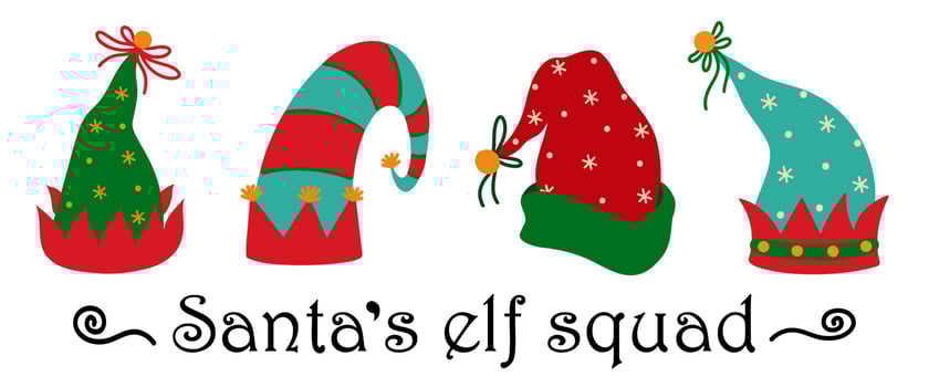 Christmas elf hat vector icon set. A traditional green caps with red decor, golden bells, bows and snowflakes. Santa Claus helper headwear. Flat cartoon clipart isolated on white. For prints, posters