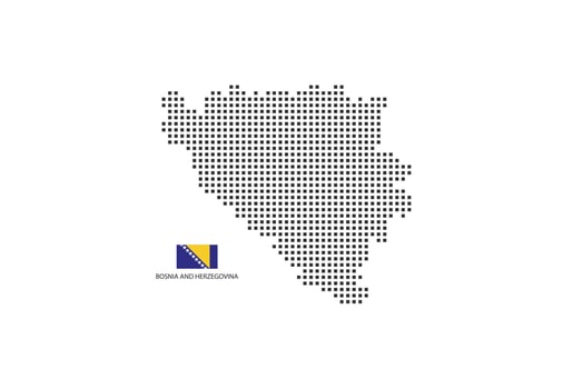 Vector square pixel dotted map of Bosnia and Herzegovina isolated on white background with Bosnia and Herzegovina flag.