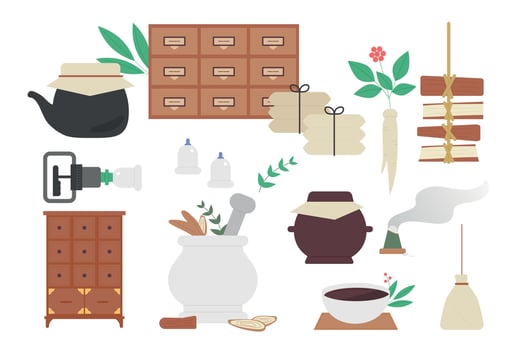 Tools and medical supplies for oriental medicine making. flat vector illustration.