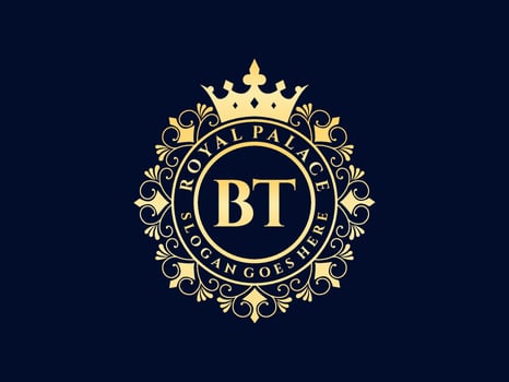 Letter BT Antique royal luxury victorian logo with ornamental frame. vector