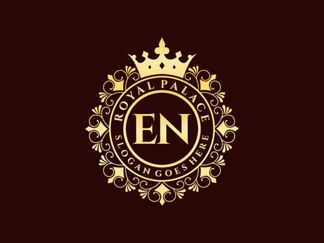 Letter EN Antique royal luxury victorian logo with ornamental frame. vector