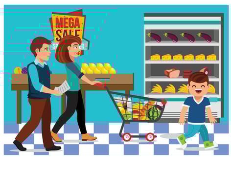 Vector illustration of shopping in minimarket with characters. Illustration Suitable for Diagrams, Infographics, And Other Graphic assets