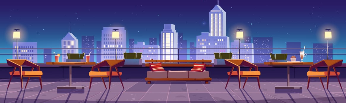 Restaurant at night rooftop terrace on city view vector