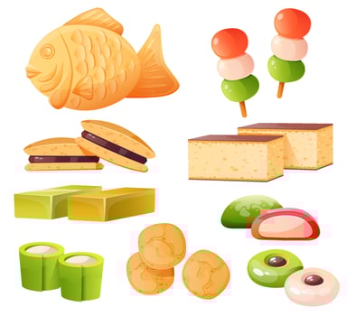 Japanese sweets cartoon set, street Japan snacks vector