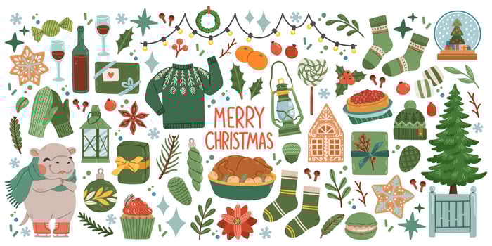 Christmas big set of elements with cookies, houses, presents, sweater, fur tree, wreaths. Stickers set. Hand drawn style vector