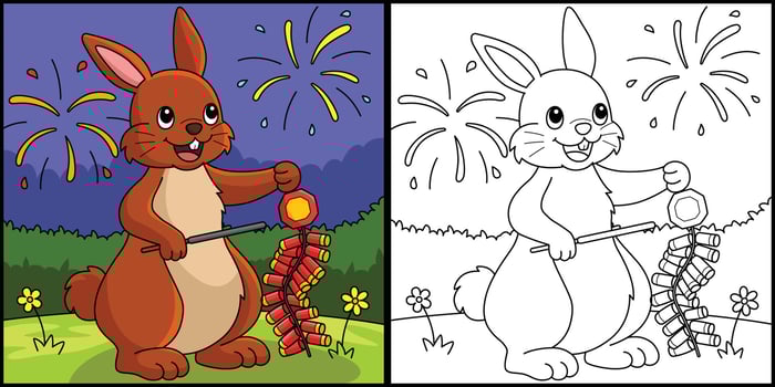 Rabbit Holding Fireworks Coloring Illustration vector