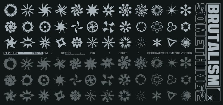 Brutalism stars decorative elements collection vector. Retro, acid, y2k creative radial icons to fill your design work. clean and distressed style vector