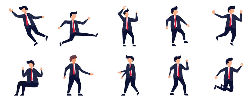 Set of Businessman or office vector characters in various poses. Cartoon young employee businessman character working