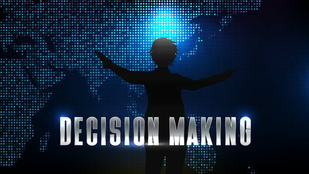 abstract futuristic technology blue background of silhouette man with gun, decision making vector
