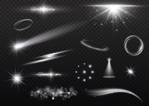 Sunlight, abstract special effect. Light effect set. Glow isolated white  light effect set. lens flare, explosion, glitter, dust, line, sun flash, spark and stars, spotlight, curve twirl. vector
