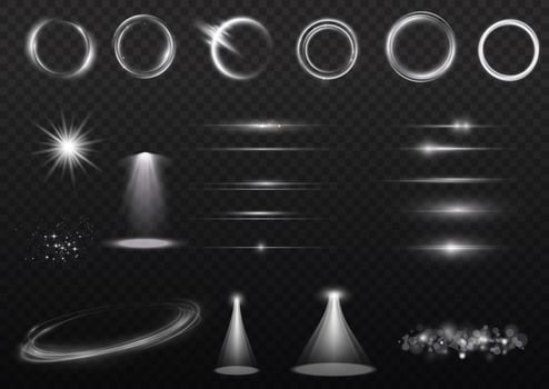 Sunlight, abstract special effect. Light effect set. Glow isolated white  light effect set. lens flare, explosion, glitter, dust, line, sun flash, spark and stars, spotlight, curve twirl. vector