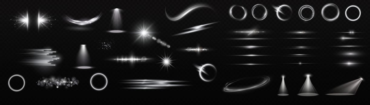Sunlight, abstract special effect. Light effect set. Glow isolated white  light effect set. lens flare, explosion, glitter, dust, line, sun flash, spark and stars, spotlight, curve twirl. vector