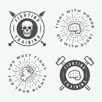 Set of vintage mixed martial arts or fighting club logos, emblems, badges, labels, marks and design elements. Retro graphic art. Vector Illustration.