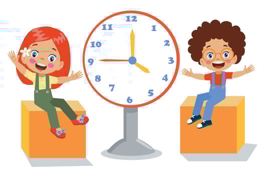 cute happy kids holding clock vector