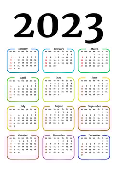 Calendar for 2023 isolated on a white background. Sunday to Monday, business template. Vector illustration