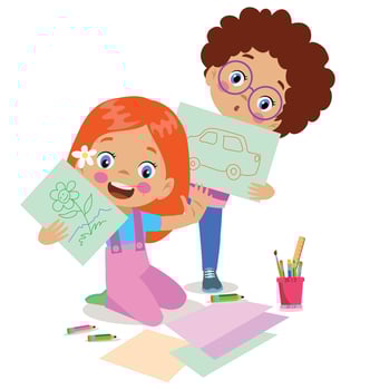 cute boy painting and cutting colorful craft papers vector