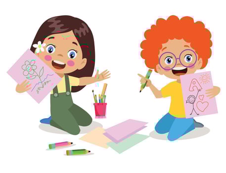 cute boy painting and cutting colorful craft papers vector
