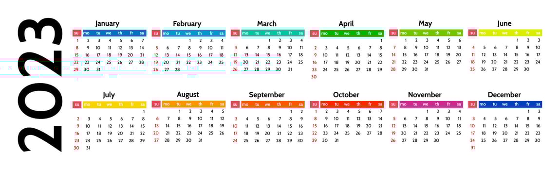 Horizontal calendar for 2023 isolated on a white background. Sunday to Monday, business template. Vector illustration