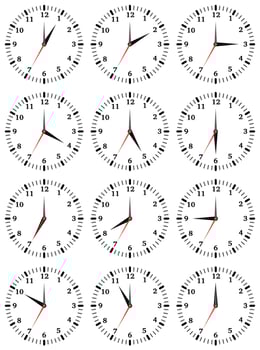 A set of mechanical clocks with an image of each of the twelve hours. Clock face on white background. vector