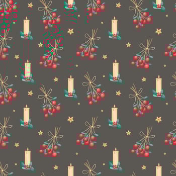Seamless pattern of Christmas isolated icons on a black background. Winter holiday symbols. Illustration for wrapping paper, decorations, textile. vector