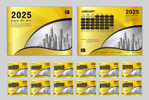 Calendar 2025 template set vector, Week starts Sunday, set of 12 month, Desk calendar 2025 year, wall calendar 2025, planner,  business template, Stationery, printing media, gold creative background vector